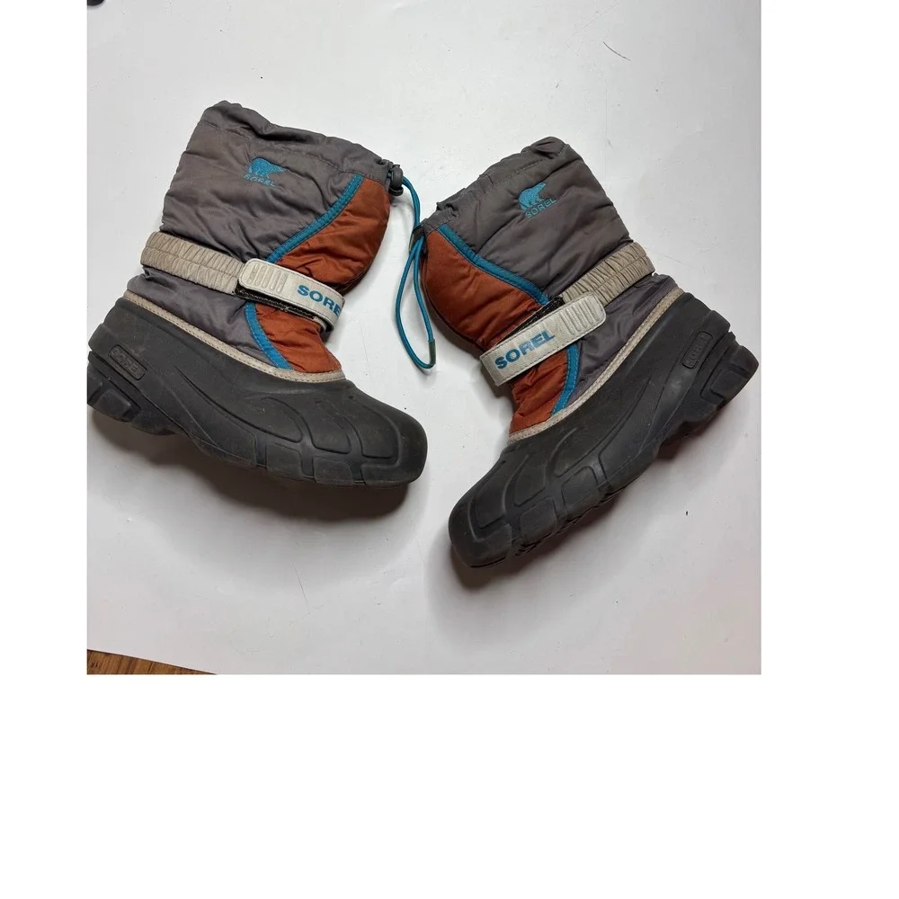 Sorel Kids Snow Boots Grey Orange Blue Winter Waterproof Size 2 USA 33 EUR